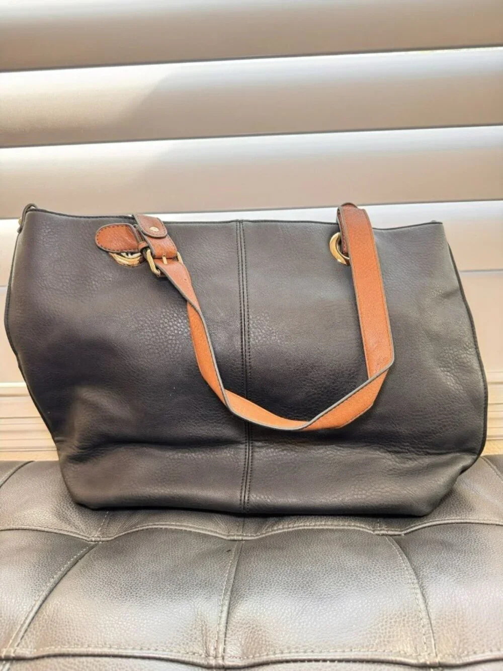Black Faux Leather Tote Bag Brown Strap Gold Hardware Large Shoulder Bag